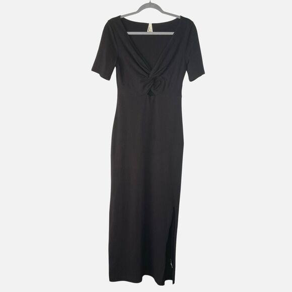 Pact Women's Luxe Jersey V-neck Knot Maxi Side Slit Dress Size Small Black - Picture 2 of 15
